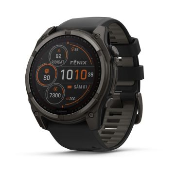 Ceas Garmin Fenix 8, 51mm, Solar Sapphire, Carbon Grey Titanium, Black/Pebble Grey