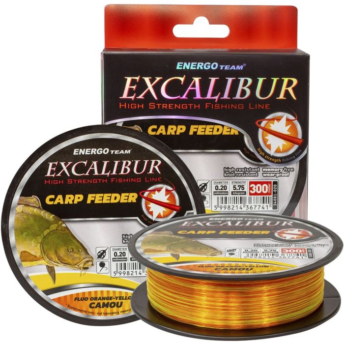 Monofilament Line EnergoTeam Excalibur Carp Feeder, Fluo Orange/Yellow Camo, 300m